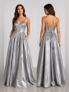 Happy Times Metallic Silver Corset Back Prom Ball Gown Pockets NWT Size 8